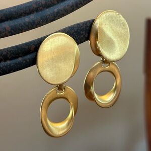 Vintage Large Gilded Matte Gold  Drop Clip Earrings 80’s Unsigned Clara Studio